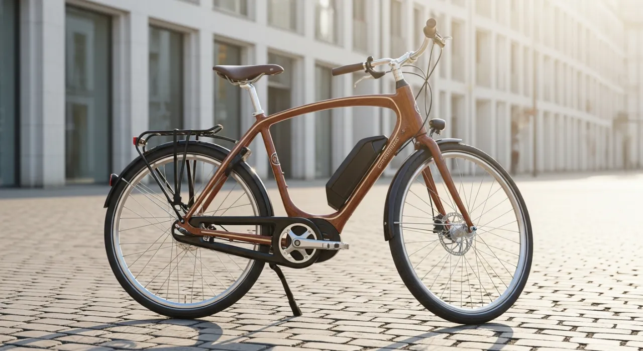 Designové elektrokolo značky Esel s prvky z přírodního dřeva v městském prostředí.