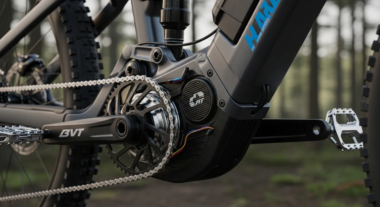 Detail moderního elektrokola s motorem DJI Avinox v lesnatém terénu