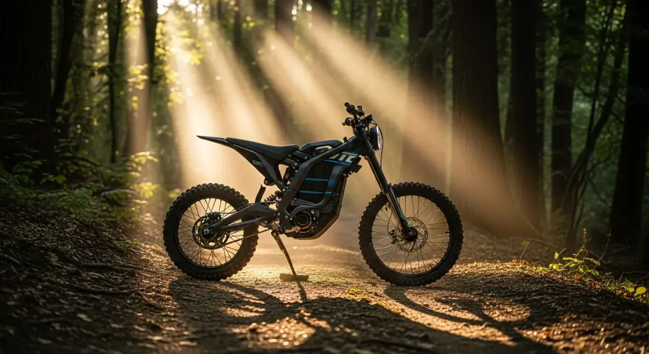 Elektrický dirt bike značky Segway na lesní cestě.