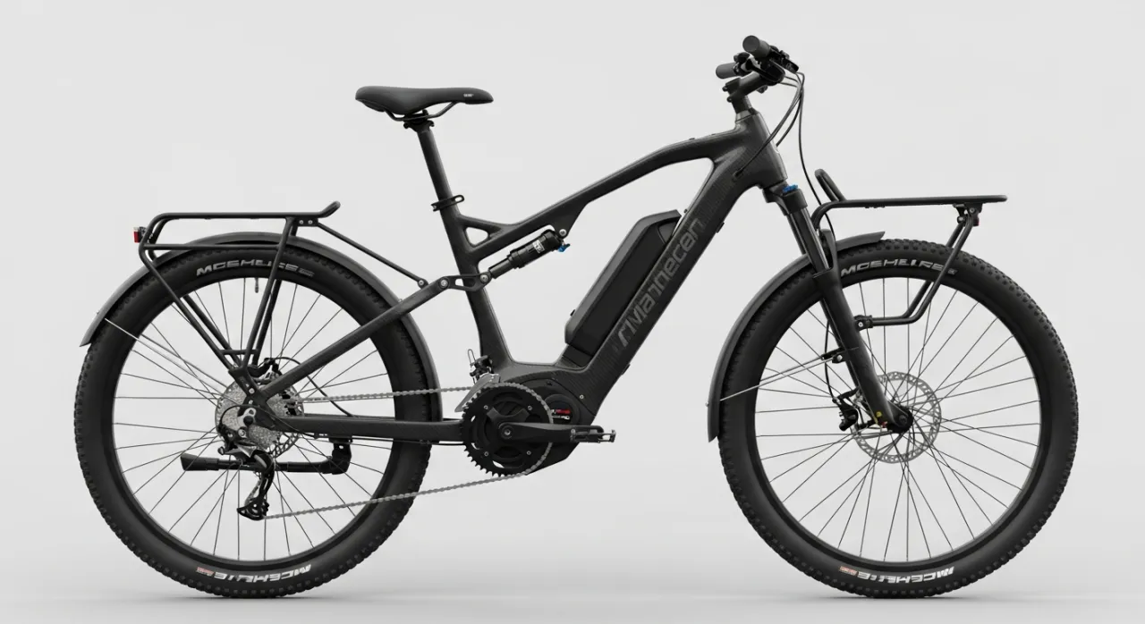 Moderní karbonové elektrokolo typu SUV s integrovanými blatníky a nosičem.