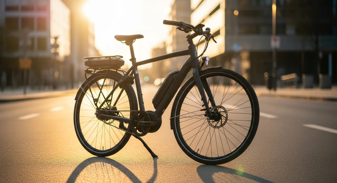 Moderní městské elektrokolo Monarc Tracer s dvěma bateriemi na městské ulici.