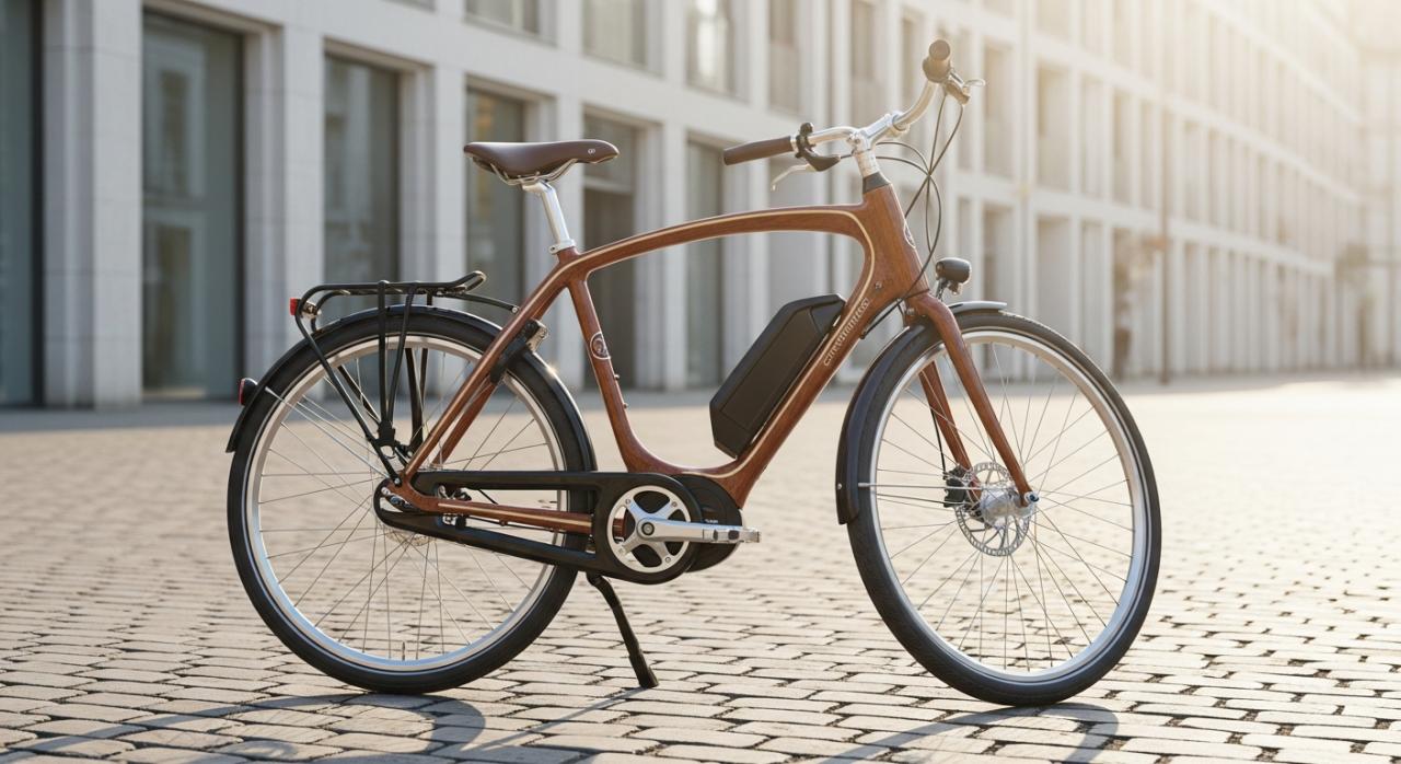 Designové elektrokolo značky Esel s prvky z přírodního dřeva v městském prostředí.