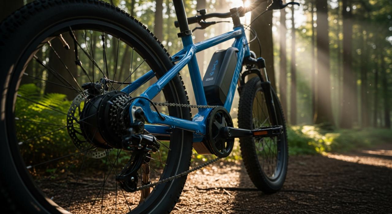 Moderní dětské elektrokolo na lesní cestě v deštivém světle.