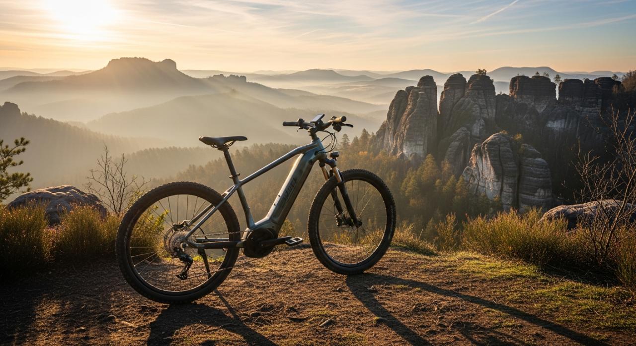 Modernní trekingové elektrokolo u vyhlídky v České Švýcarsku při východu slunce.