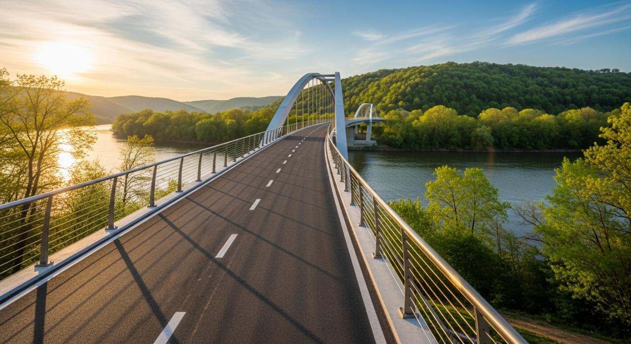 Moderní cyklostezka a rozšířený most přes řeku Labe v jarní krajině.
