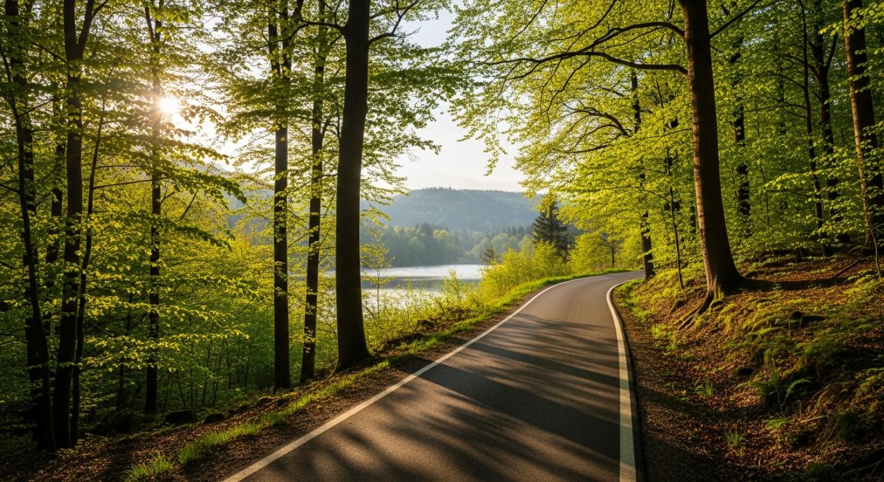 Modern cyklostezka mířící k jezeru Kristýn v jarním prasku.