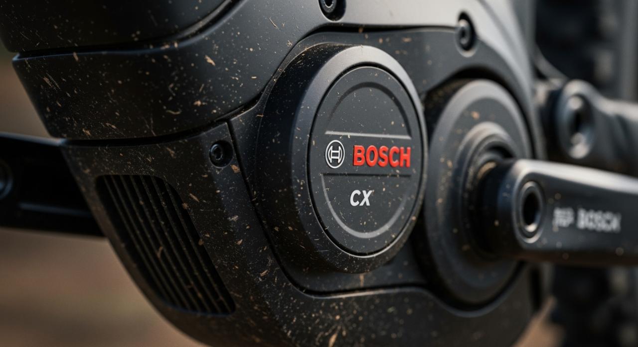 Detail pohledu na motor Bosch CX na e-biklu Cube, kde je vidět chybějící plastový kryt.