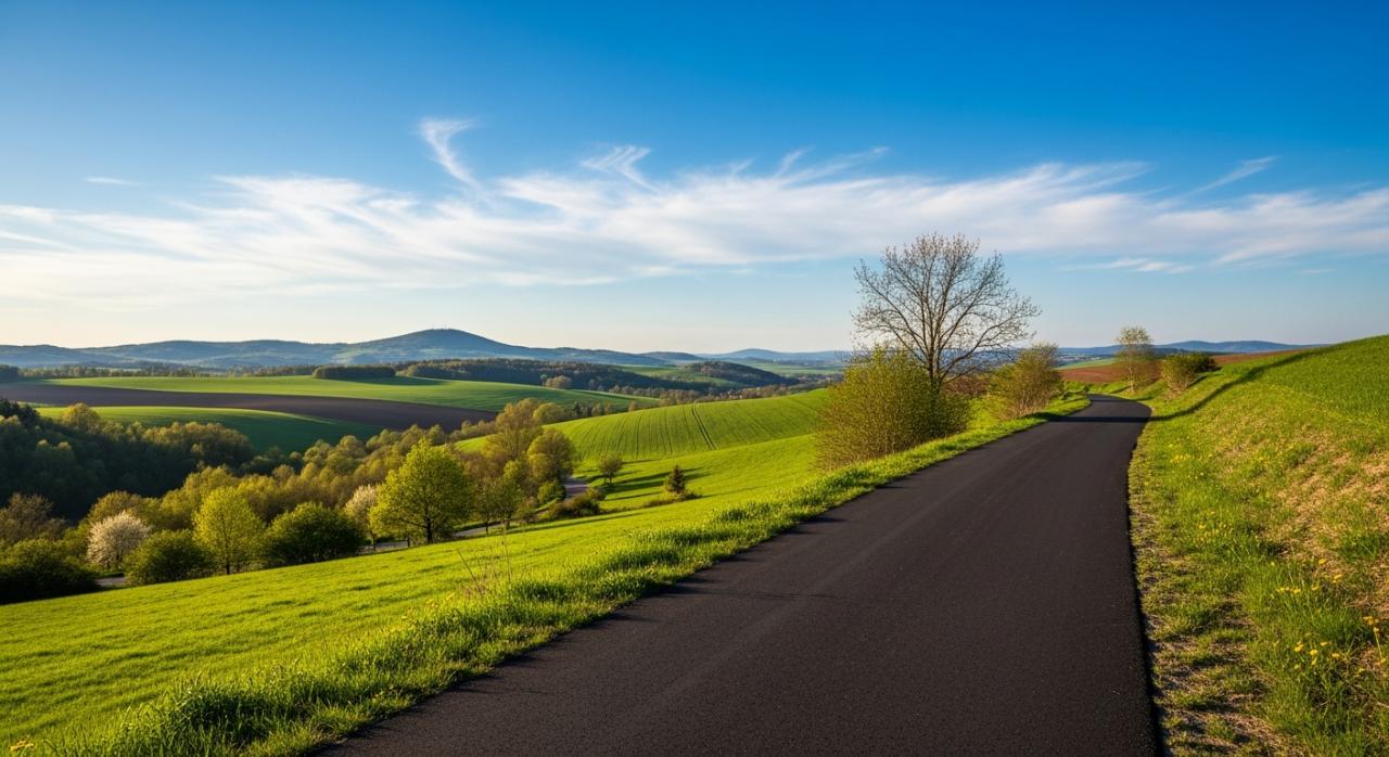 Modern asfaltová cyklostezka procházející zelenou krajinou v okolí Malesic a Města Touškova.
