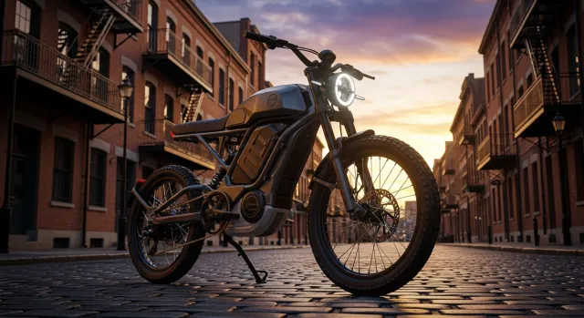 Moderní moto-style elektrokolo Juiced Scrambler v městském prostředí.